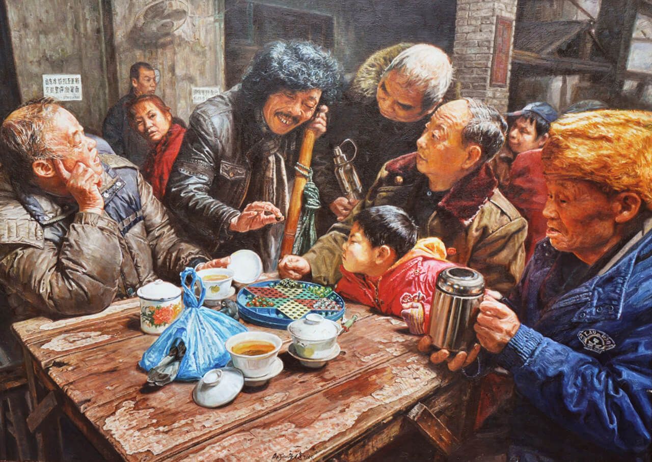 13《茶馆系列—田棒棒走黑棋》110×78cm布面油画2010年