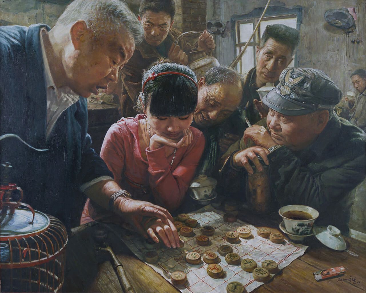 10《茶馆系列—走这儿》130×104cm布面油画2008年（2010年，“油画艺术与当代社会展”中国油画展）